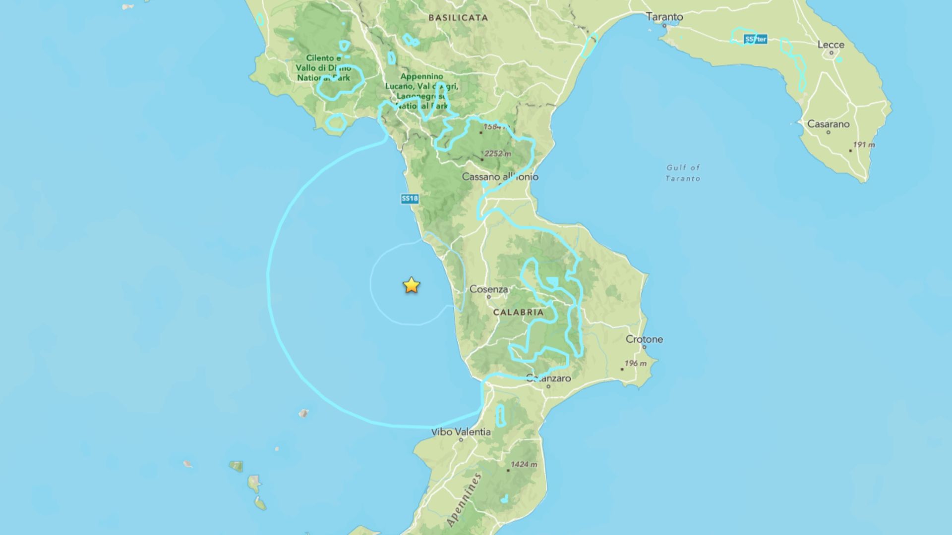 Sismo en el sur de Italia de magnitud 6.2 que sacudió la región de Calabria. Foto: USGS